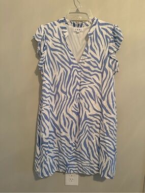 THML White and Blue Zebra-Print V-Neck Flutter Dress